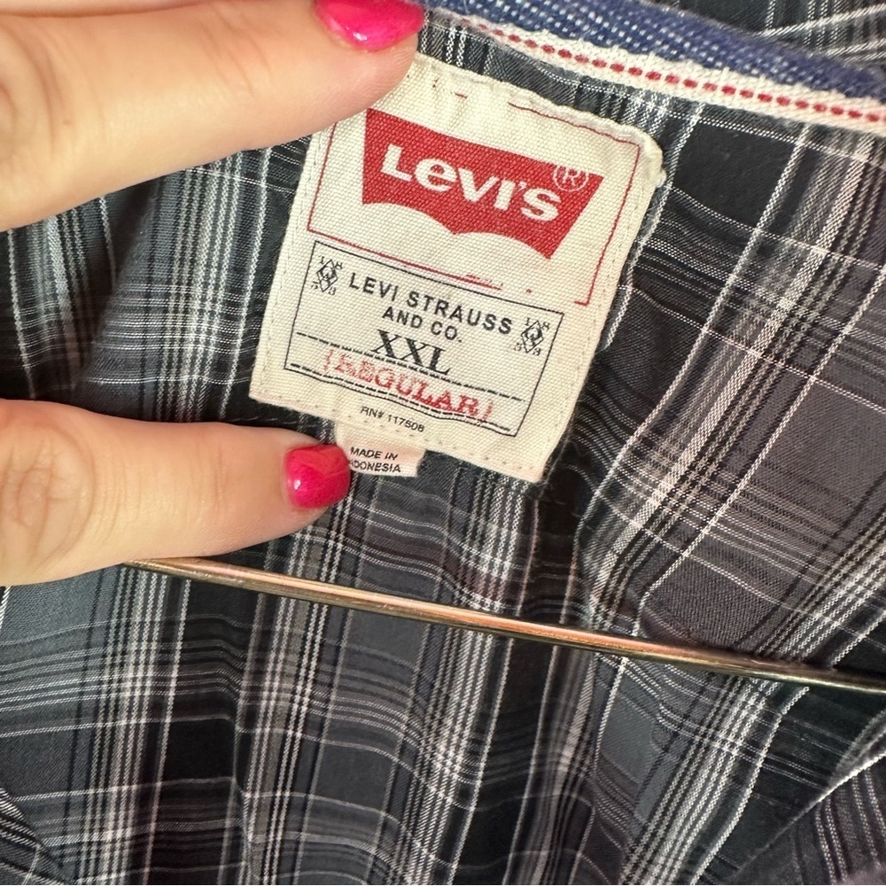 Levi's grey black plaid western pearl snap Shirt sz XXL cotton blend festival - Picture 2 of 7